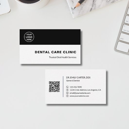 Dental Clinic Dentist Custom Logo QR Code Black 名刺