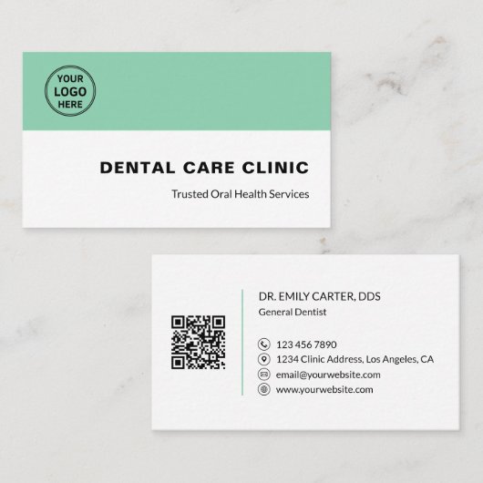 Dental Clinic Dentist Logo QR Code Soft Green 名刺 (正面/裏面)