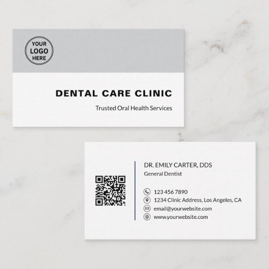 Dental Clinic Dentist Professional Logo QR Gray 名刺 (正面/裏面)