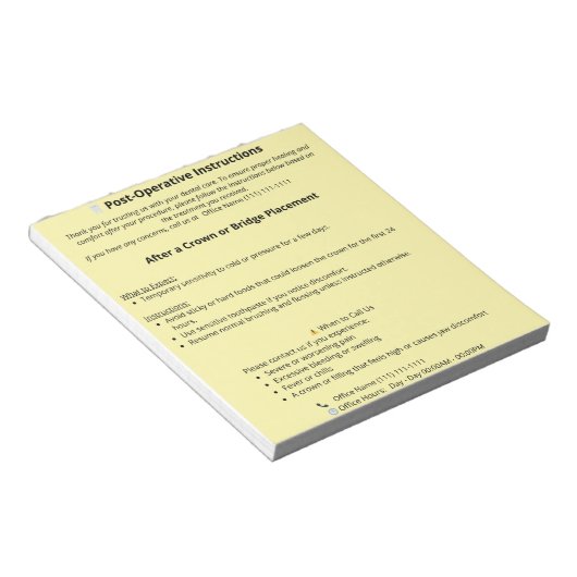  Dental Post Op Instructions (Crown or Bridge) ノートパッド (アングル)