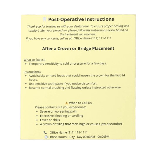  Dental Post Op Instructions (Crown or Bridge) ノートパッド (正面)