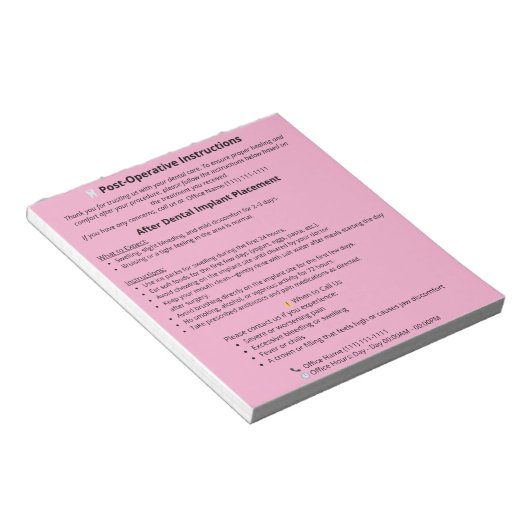  Dental Post Op Instructions Notepad (Implant) ノートパッド (アングル)