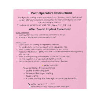  Dental Post Op Instructions Notepad (Implant) ノートパッド