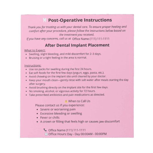  Dental Post Op Instructions Notepad (Implant) ノートパッド (正面)