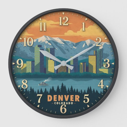 Denver Colorado Mountain Skyline ラージ壁時計 (正面)