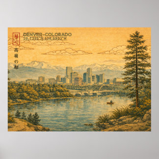 Denver Colorado Skyline in Japanese Ukiyo-e ポスター