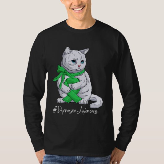 Depression Awareness Month Green Ribbon Cat Tシャツ (正面)