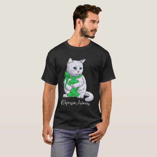 Depression Awareness Month Green Ribbon Cat Tシャツ (正面フル)