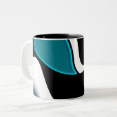 Depth Charge:抽象芸術ブラック、ホワイト、ブルー ツートーンマグカップ (正面左)