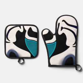 Depth Charge:抽象芸術ブラック、ホワイト、ブルー 鍋つかみ&鍋敷きセット
