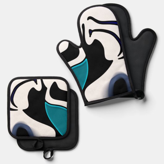 Depth Charge:抽象芸術ブラック、ホワイト、ブルー 鍋つかみ&鍋敷きセット (正面/裏面)