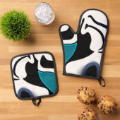 Depth Charge:抽象芸術ブラック、ホワイト、ブルー 鍋つかみ&鍋敷きセット (トップダウン)