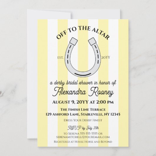 Derby Bridal Shower Yellow Cabana Stripe Horseshoe 招待状 (正面)