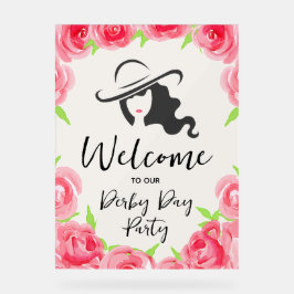 Derby Hat Lady Silhouette and Roses Welcome アクリルサイン