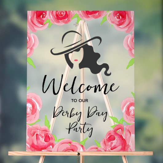Derby Hat Lady Silhouette and Roses Welcome アクリルサイン (ニュートラル)
