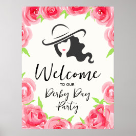 Derby Hat Lady Silhouette and Roses Welcome ポスター