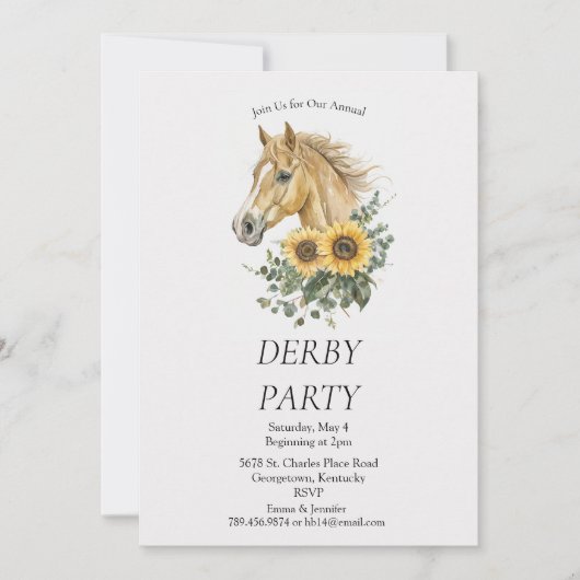  Derby Party Invitation – Horse Head Floral Sunflo 招待状 (正面)