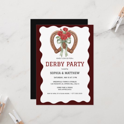 Derby Party Invitation Rustic Horseshoe Roses 招待状 (正面/裏面インサイチュ)