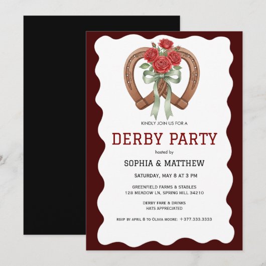 Derby Party Invitation Rustic Horseshoe Roses 招待状 (正面/裏面)