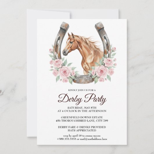 Derby Party Invitation with Horse & Floral Art 招待状 (正面)