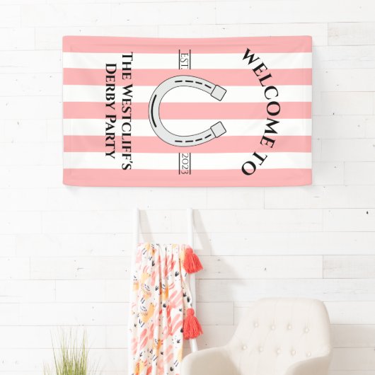 Derby Party Pink Stripe Horseshoe Vertical Welcome 横断幕 (インサイチュ)