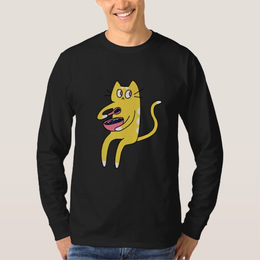 Derpy Kitty Yellow and White Cat Eating Cereal Tシャツ (正面)