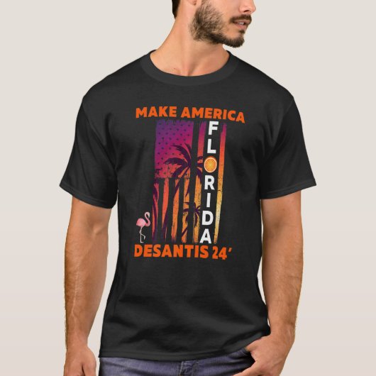 Desantis 2024アメリカを作るフロリダフラミンゴ国旗E Tシャツ (正面)