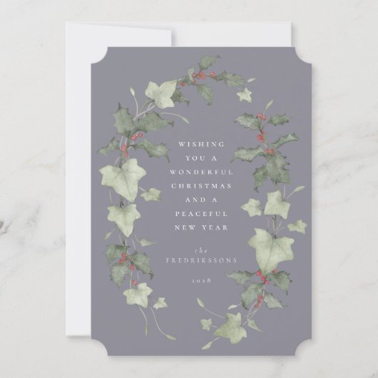 Desaturated Purple Watercolor Holly & Ivy シーズンカード (正面)