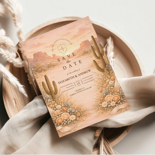 Desert Blush Cactus Landscape Wedding セーブザデート