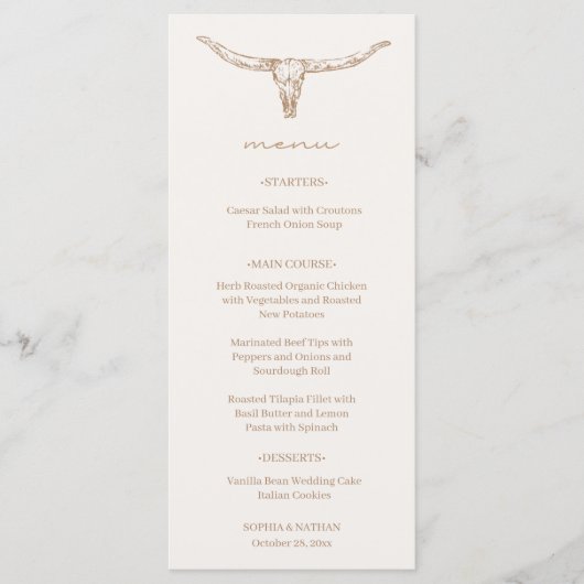 Desert Boho Cow Skull Wedding Menu Card メニュー (正面)