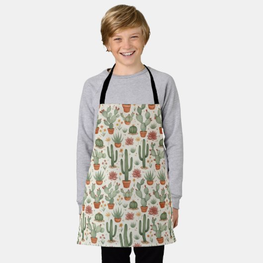 Desert Cacti Succulent Seamless Pattern エプロン (着用した状態)