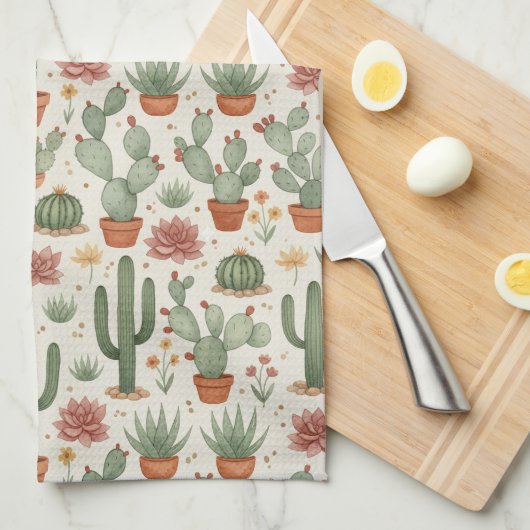 Desert Cacti Succulent Seamless Pattern キッチンタオル (四つ折り)