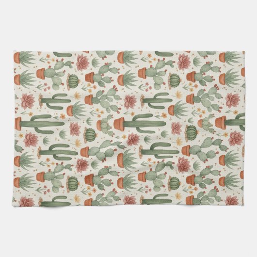 Desert Cacti Succulent Seamless Pattern キッチンタオル (横)