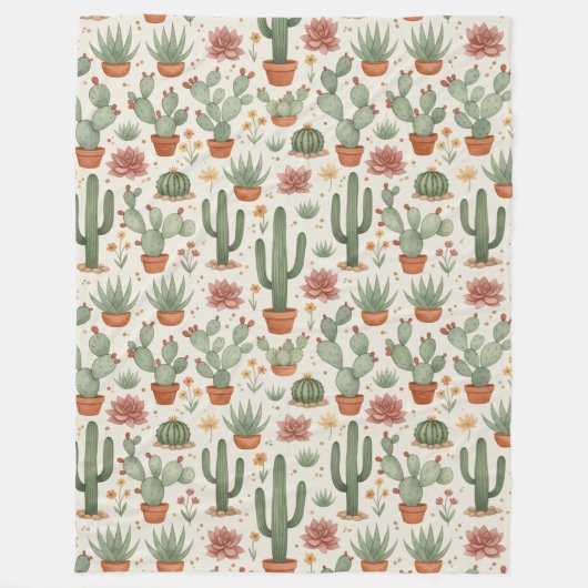 Desert Cacti Succulent Seamless Pattern フリースブランケット (正面)