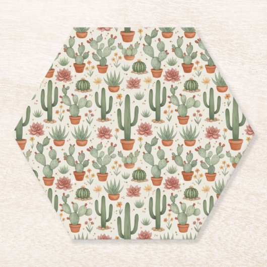 Desert Cacti Succulent Seamless Pattern ペーパーコースター (正面)
