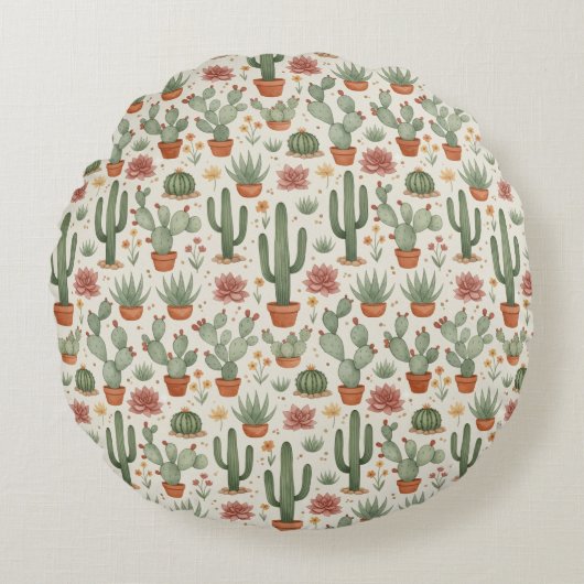 Desert Cacti Succulent Seamless Pattern ラウンドクッション (正面)