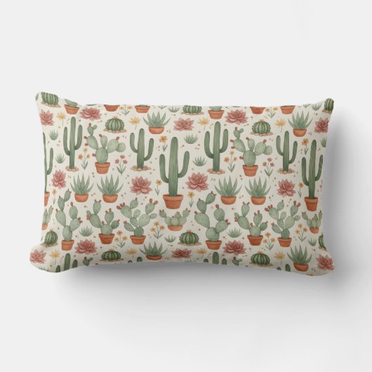 Desert Cacti Succulent Seamless Pattern ランバークッション (正面)