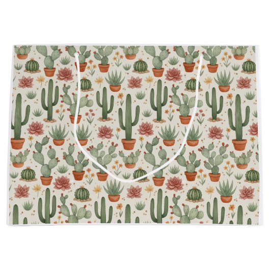Desert Cacti Succulent Seamless Pattern ラージペーパーバッグ (正面)