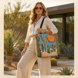 Desert Cactus Tote Bag with Colorful Sun and Geome トートバッグ