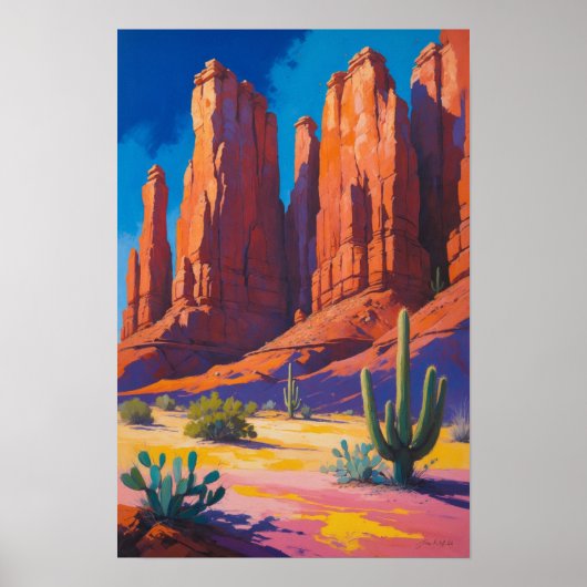 Desert Canyon with Red Rock Formations and Cactus ポスター (正面)