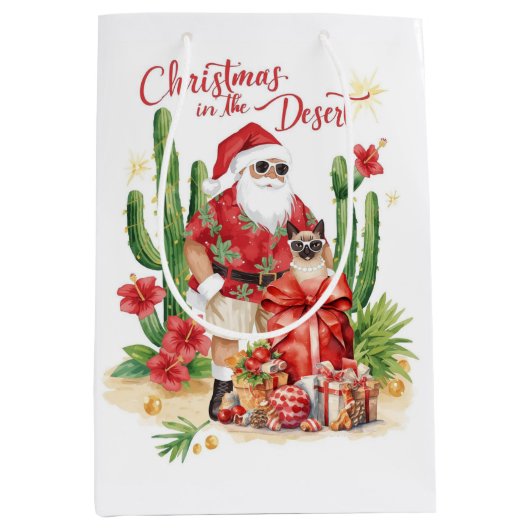 Desert Christmas with Cactus Santa Claus  ミディアムペーパーバッグ (正面)