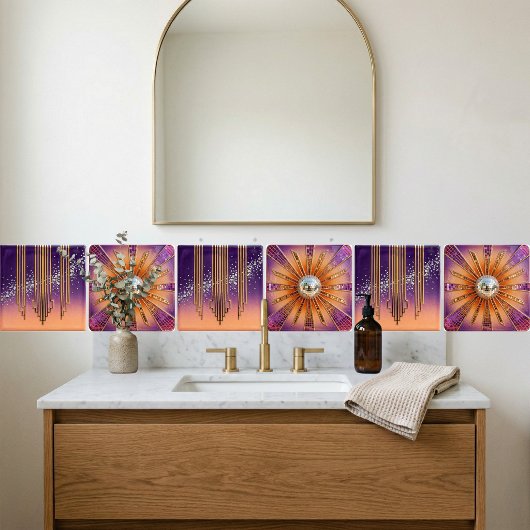 Desert Disco Sunburst Purple Retro Sunset & Mirror タイル