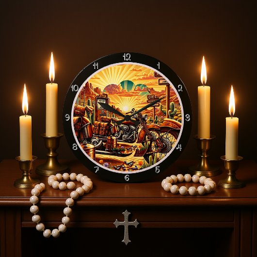 Desert Motorcycle Sunset ラージ壁時計