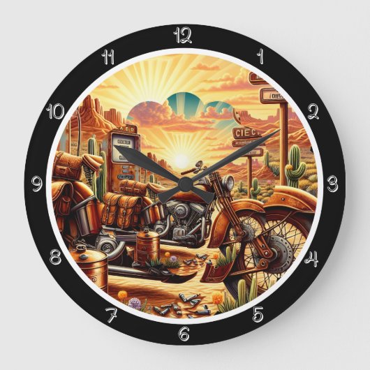 Desert Motorcycle Sunset ラージ壁時計 (正面)