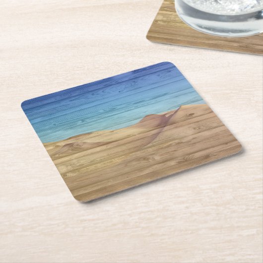 Desert Sand Dunes Beautiful Blue Sky On Wood Grain スクエアペーパーコースター (アングル)