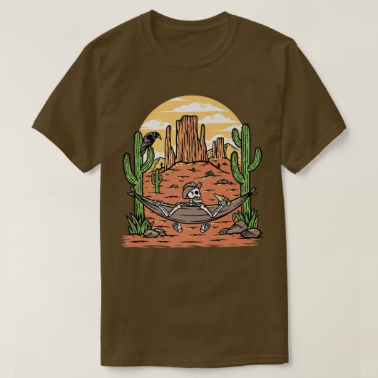 Desert Scene Cactus Skeleton Cowboy In Hat And Ham Tシャツ (デザイン正面)