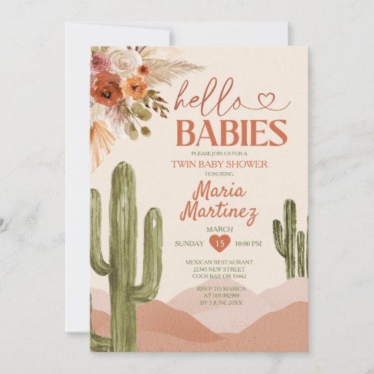 Desert Texas Twin baby shower southwestern cactus 招待状 (正面)