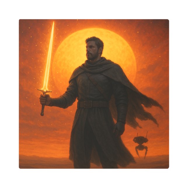 Desert Warrior Fantasy Art – Glowing Sword Hero メタルプリント (正面)