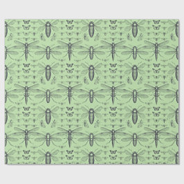 Design insectes vintage noir sur vert sauge doux ラッピングペーパー