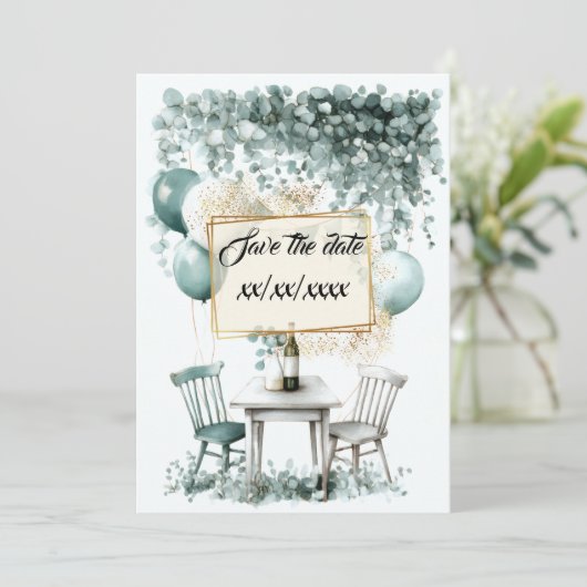 Design save the date vert sauge à personnaliser 招待状 (スタンド正面)